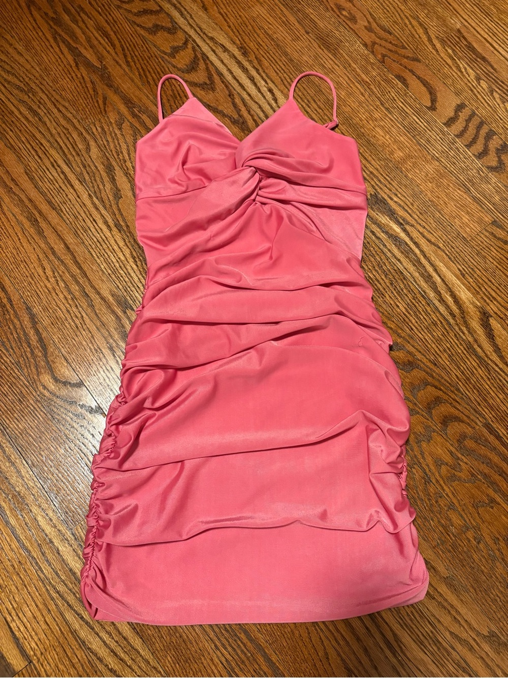 Lucy in the Sky Coral Pink Ruched Spaghetti Strap Mini Dress